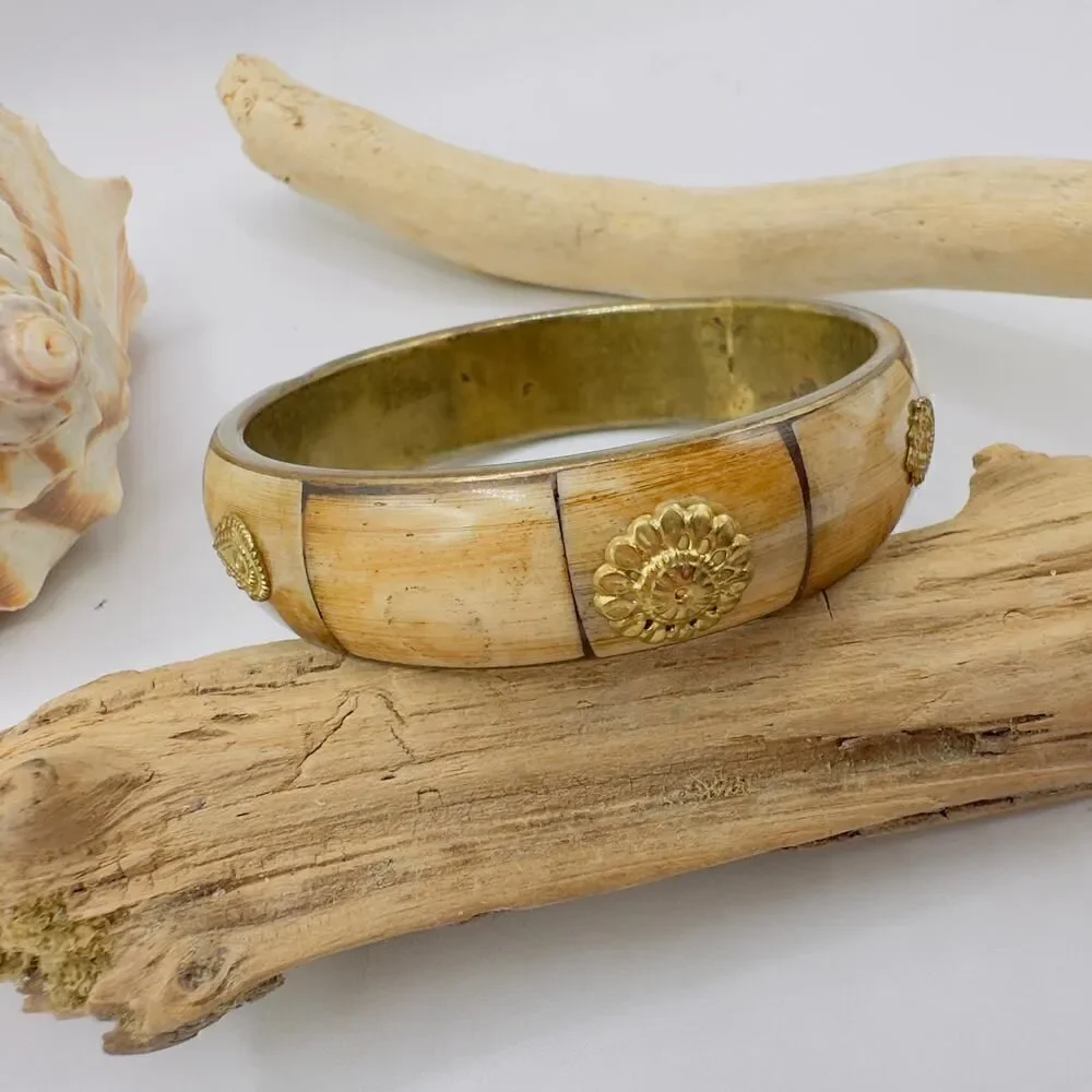 Vintage Brass Bone Inlay Bangle Bracelet
